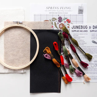 Spring Fling Cross Stitch kit from Junebug & Darlin with cross stitch supplies